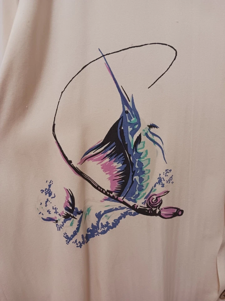 Vtg Kahala Hawaiian Camp Shirt 100% Silk Fishing Print Marlin Swordfish XL Rare - Image 4 of 4