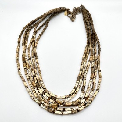 Chico's Multi Strand Brassy Gold Tone Bar Beaded Necklace Textured 20'' READ