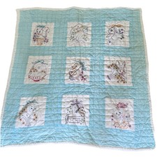 VTG Baby Blue Quilt Embroidered Animals Crib Blanket Bedding 36  Square READ