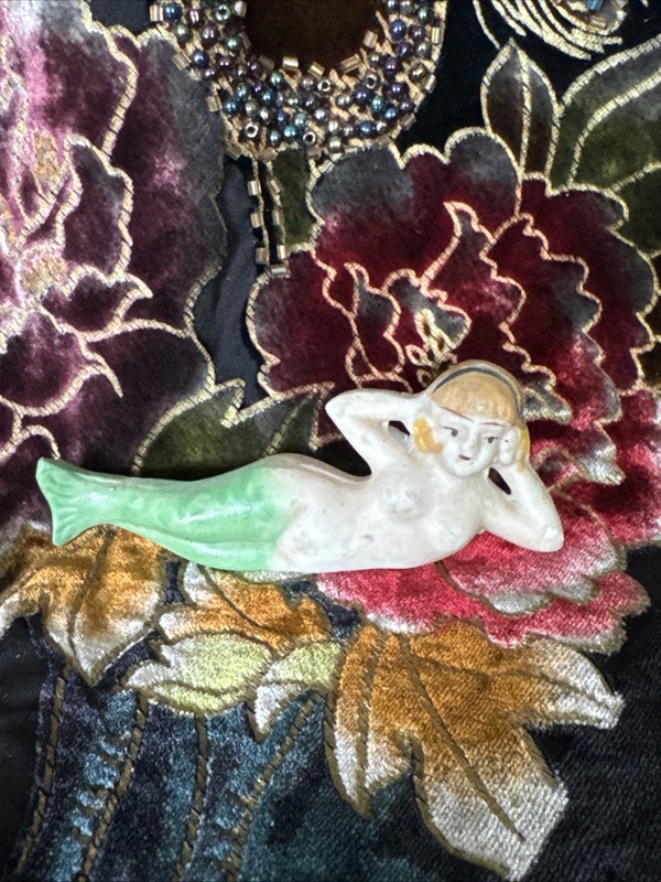 Vintage Porcelain Reveling Mermaid With A Green Tail Marked Japan