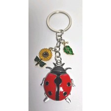 Red Ladybug Keychain with Sunflower and Leaf Charms Enamel Silver Tone Metal