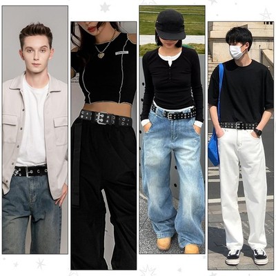 3 Pcs Y2K Star & Studded Belt Set - Double Grommet Punk 3 PCS Black Studded Belt Y2K Star Goth EMO Punk Rock Double  main image 4