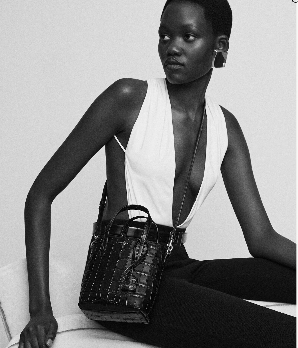 SAINT LAURENT mini giocattolo shopping in pelle goffrata coccodrillo nero in borsa