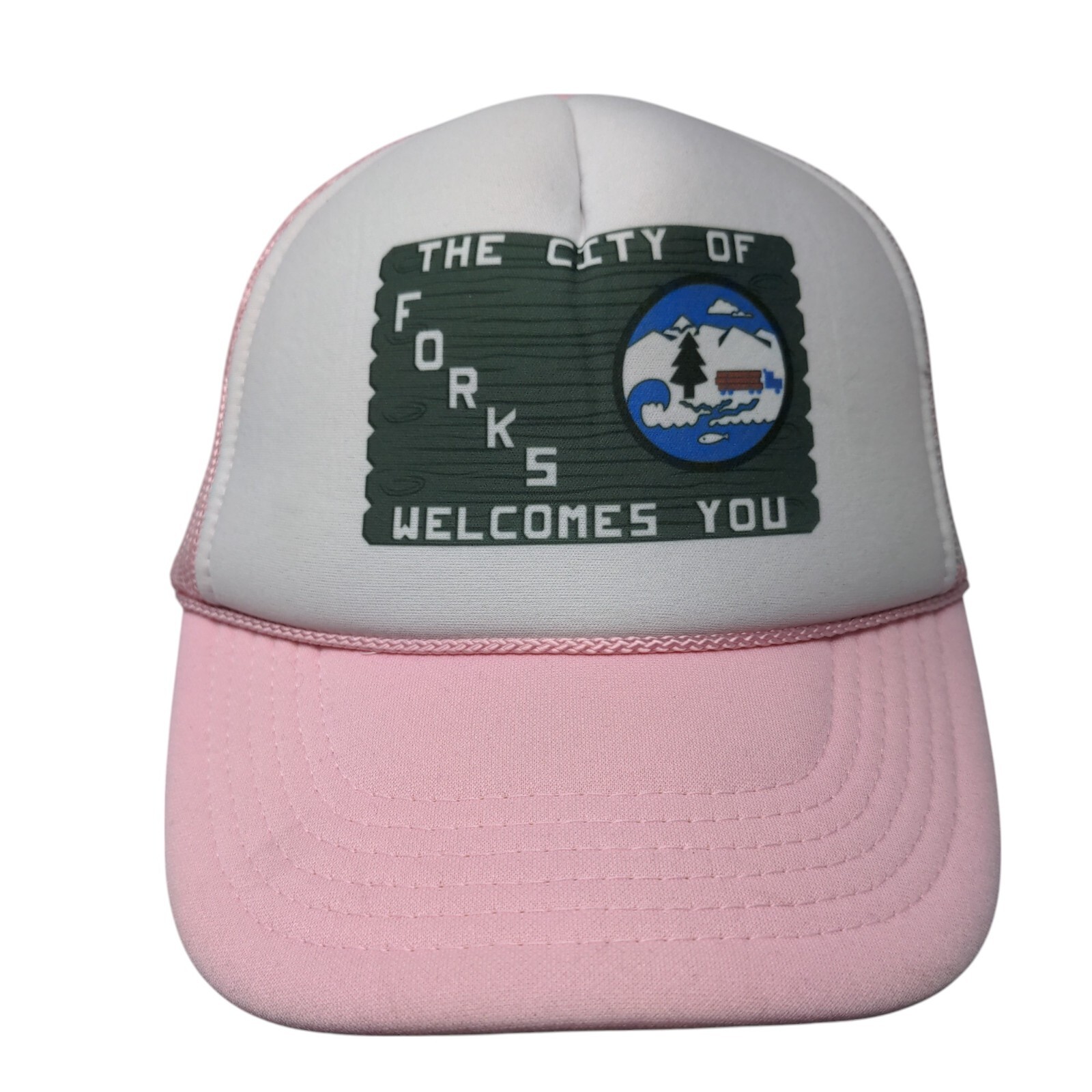 The City of Forks Welcome You Snapback Trucker Hat Pink OS Mesh Back Rope Nissun