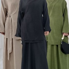 2PCS Women Muslim Abaya Sets Casual Tops Skirts Ramadan Modest Robe Dress