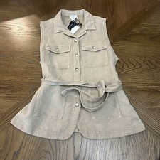Nicole Miller Linen Blend Front Pocket Sleeveless Belted Brown Jacket Size M Nwt