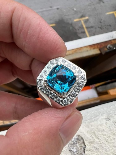 14k White Gold Natural Blue Topaz Gemstone Wedding Ring For Men's #3214 - Picture 3 of 6