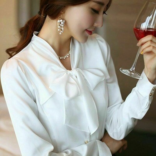 Camicie raso seta fiocco chiffon skinny maniche lunghe top blusa nuova donna ragazza finta - Foto 12 di 15