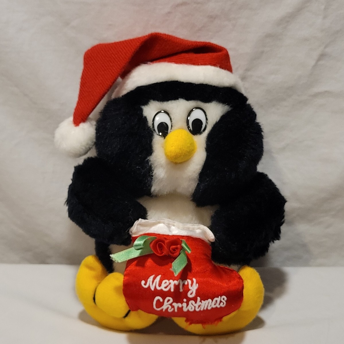 Vintage Christmas Penguin Plush Stuffed Animal Toy Santa Hat