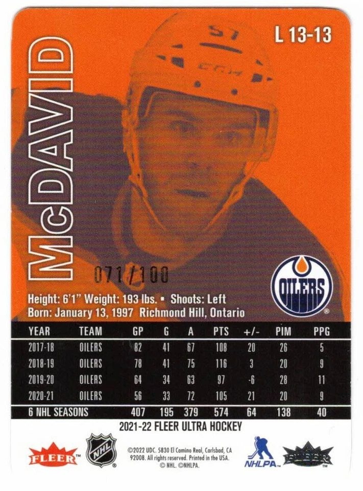 2021-22 Fleer Ultra Lucky 13 Gold Medallion Achievement 071/100 Connor McDavid - Image 2 of 4