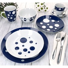 6er Set Pula Blau Porzellan Tassen Teller Schalen Becher 6 Personen Punkte bunt