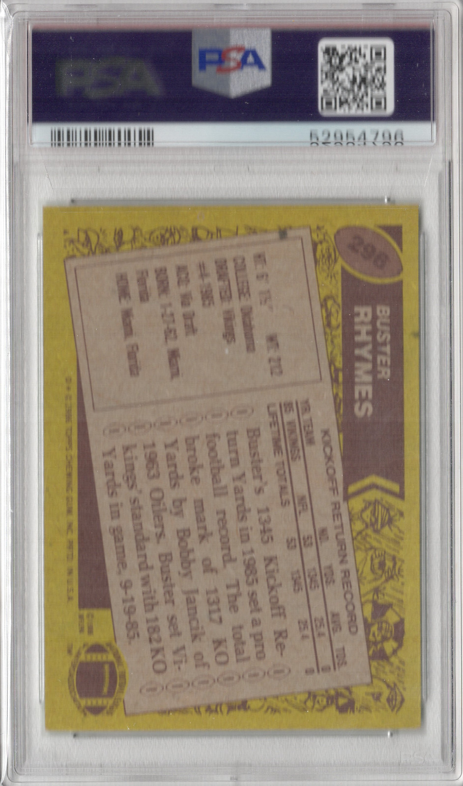 1986 TOPPS BUSTER RHYMES MINNESOTA VIKINGS SIGNED RC PSA/DNA CERT. AUTO