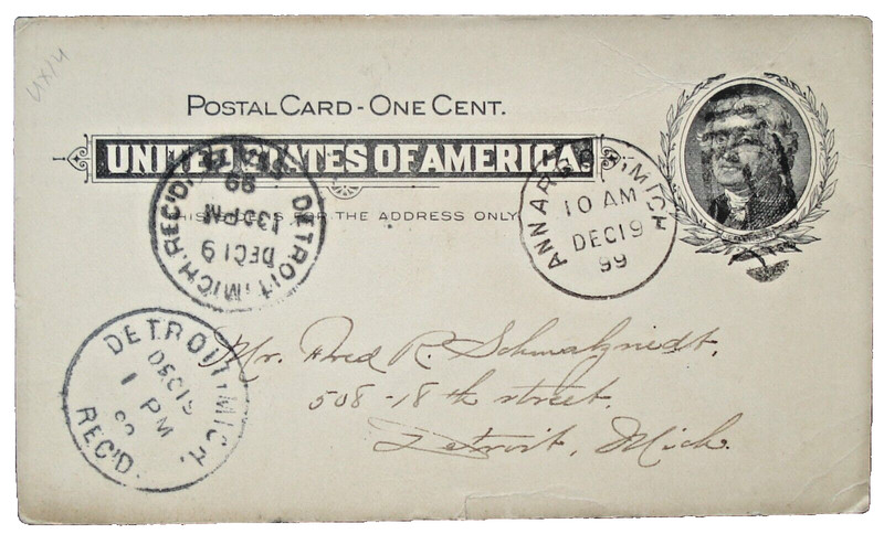 US SC UX14 POSTAL CARD ANN ARBOR ,MICH 1899