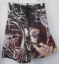 EXIST SURF BROWN SWIM TRUNKS BOARD SHORTS TROPICAL HIBISCUS SIZE S
