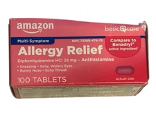 Amazon Basic Care Multi-Symptom Allergy Relief - 100 Tablets - Ex: 5/26