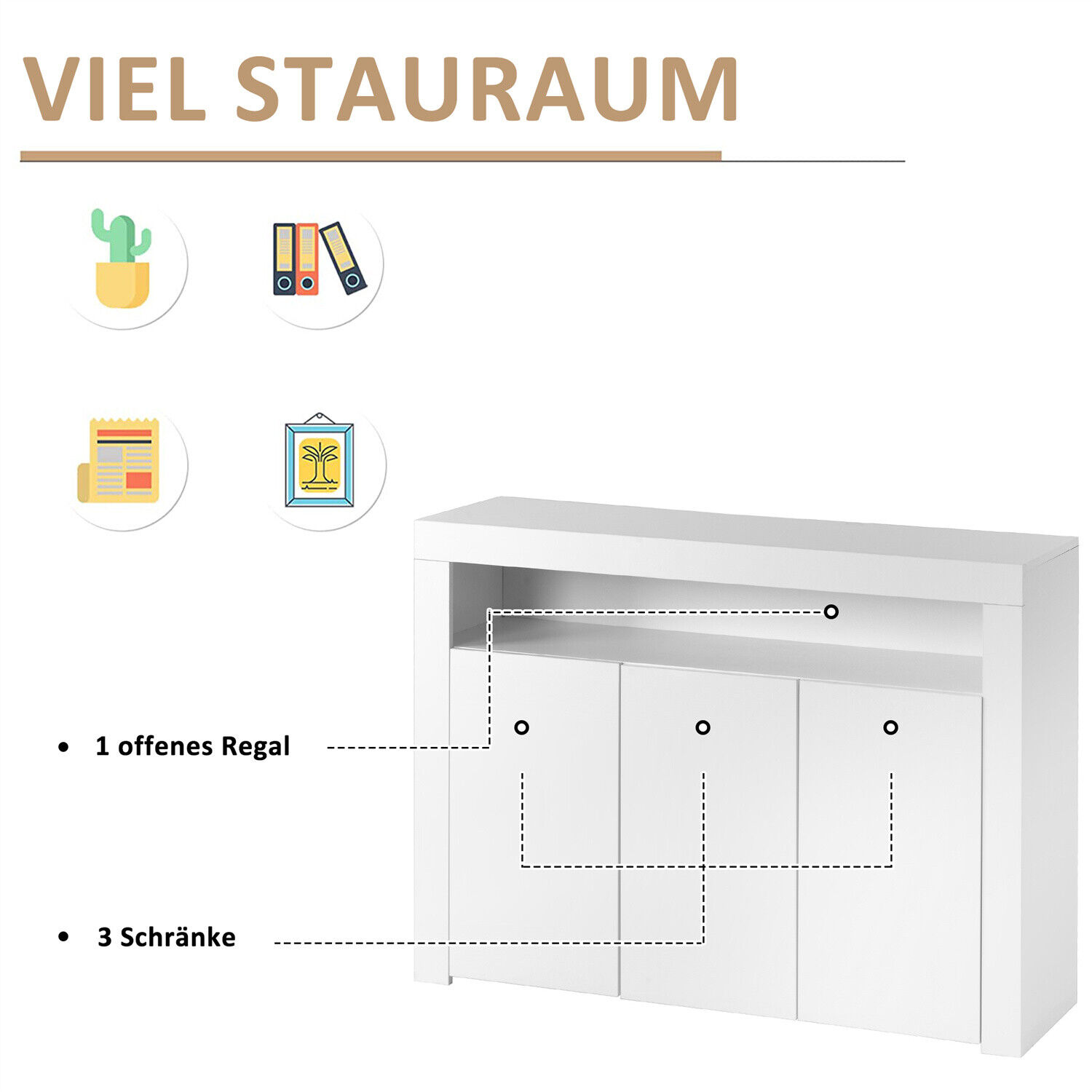 Sideboard Kommode Anrichte Highboard Weiß Hochglanz mit LED Beleuchtung merax