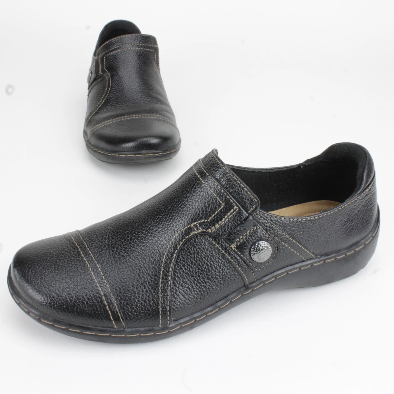 Scarpe Clarks slip on in pelle donna nere Cora Poppy comode cadute taglia 8M