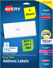  4 Sheets Avery 18260 Mailing 1 x 2 5/8 Labels White LASER/INKJET B2G1