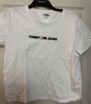 TOMMY HILFIGER Jeans T-Shirt Women's LARGE Short Sleeve Tricot Crew Neck White