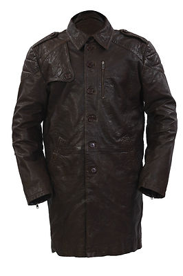 Infinity Herren langer Militär weicher abgenutzter brauner Leder Trenchcoat