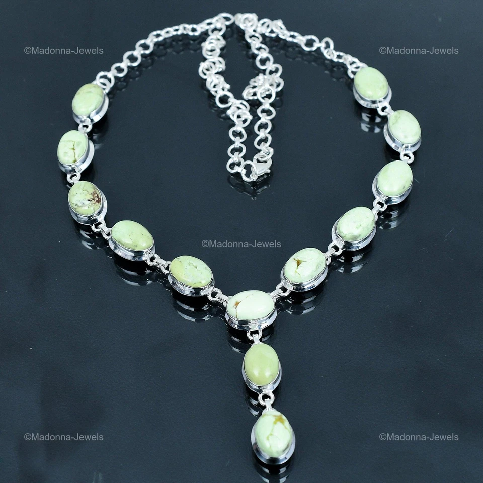 Mujer Día Oferta Ovalado Limón Crisoprasa Piedra Boho Cadena Collar Plata Esterlina Foto 3 de 4
