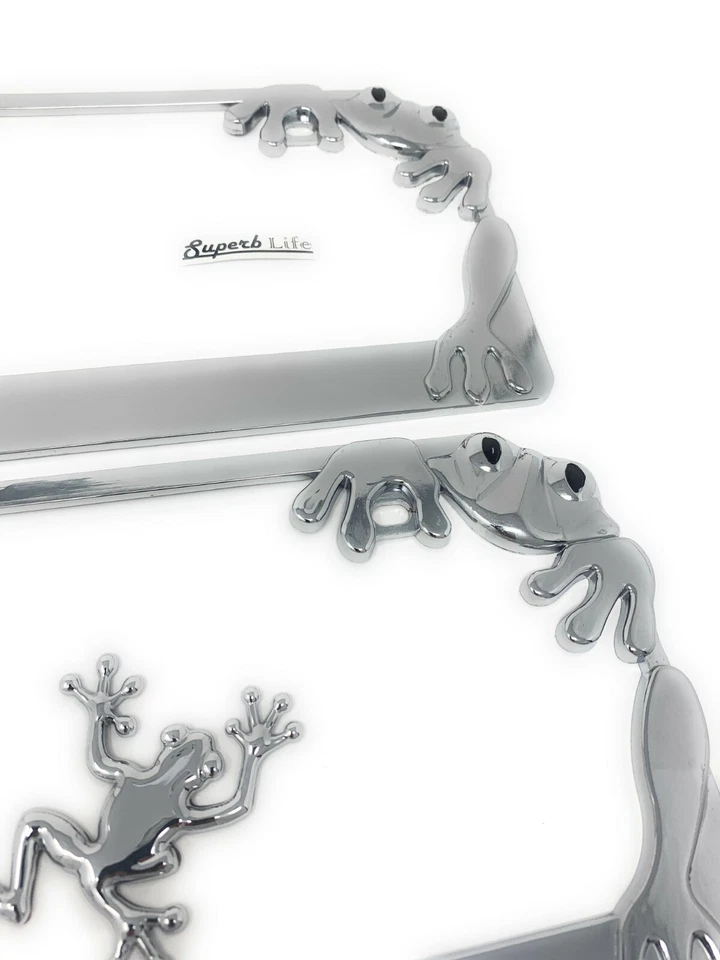 Juego de 2 marcos de matrícula de rana cromada con 2 pegatinas de metal 3D para rana de coche  Foto 4 de 4