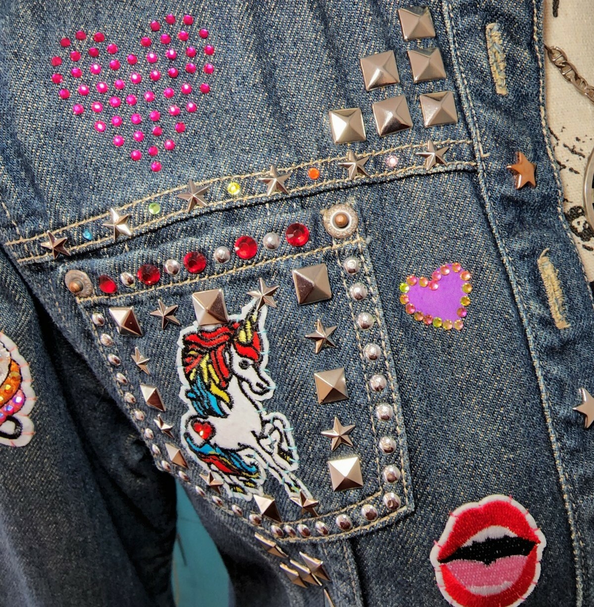 OOAK Unicorn Madness Patch Jean Jacket Studs Beda… - image 8