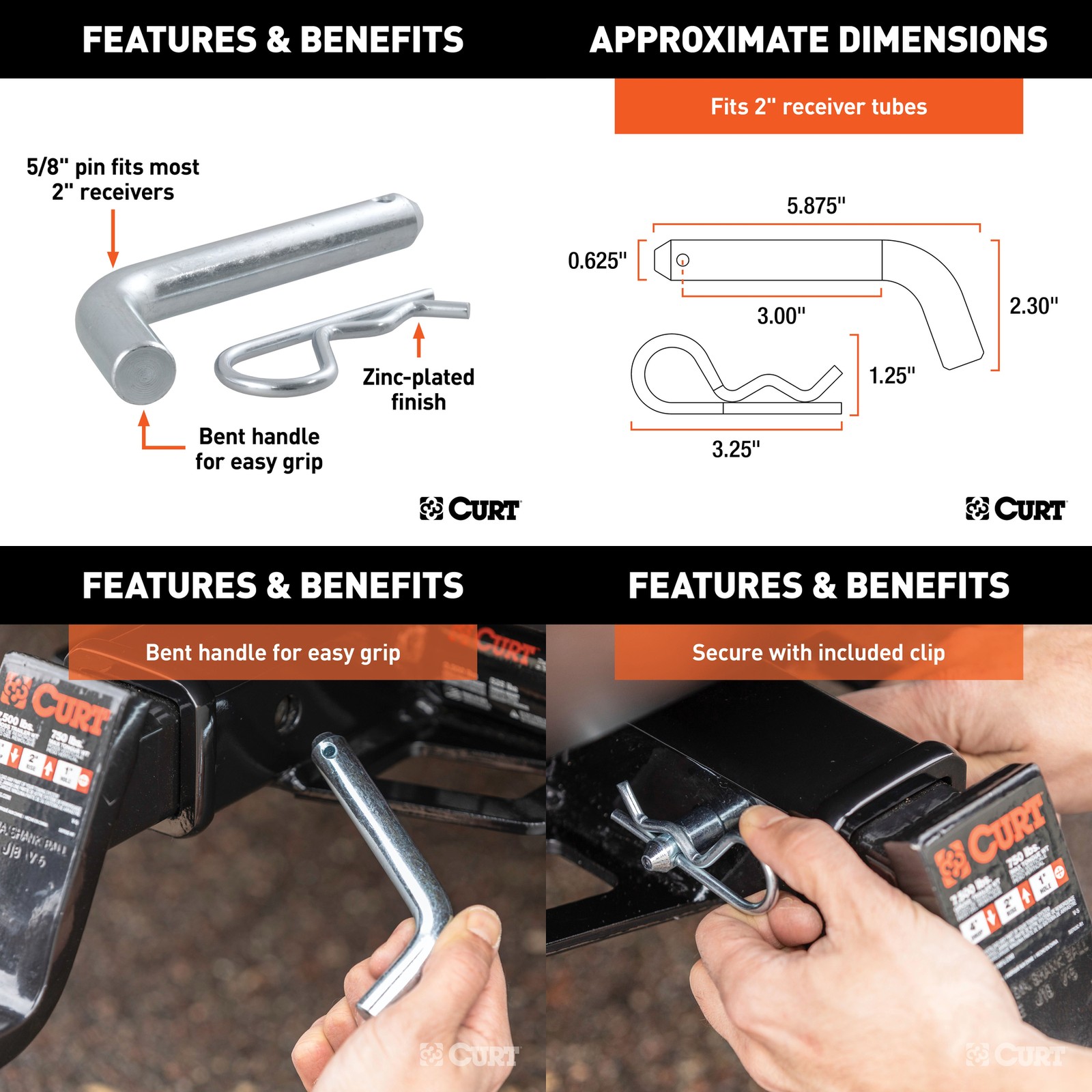 CURT Tow Package 2in Trailer Hitch, Wiring, #45056 Ball Mount Pin & Clip - 13252