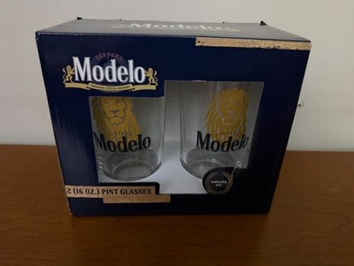 2 CERVEZA MODELO 16 Oz Beer Glasses with Gold Toned Lions NEW in Box