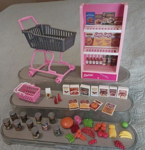 Barbie 1991 Vintage Supermarket Grocery Store Food Shelf Cart and Groceries