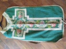 CHASUBLE ANCIENNE de PRÊTRE CATHOLIQUE verte – XIXe / début XXe - Brocart fleuri