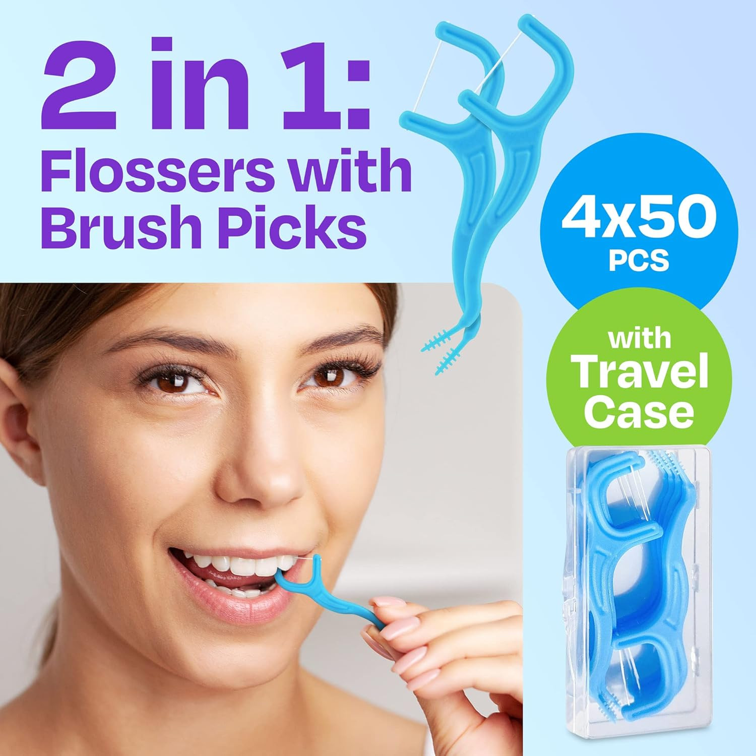 Dental Flossers Brush Picks 4 Pack W/Travel Case (200 Total Count), Dental Fl...
