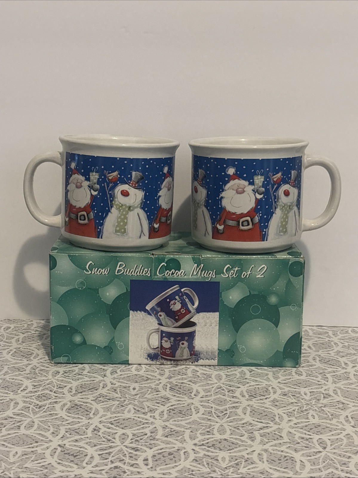 Juego de 2 tazas de café de cacao a juego Snow Buddies Papá Noel muñeco de nieve azul Navidad