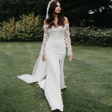 Boho Mermaid Wedding Dresses Long Sleeves Side Slit Lace 3D Floral Bridal Gowns
