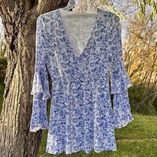 Altar'd State Dress Blue Floral Lined Boho Bell Sleeve Womens Size Large