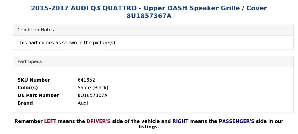 2015-2017 AUDI Q3 QUATTRO - Upper DASH Speaker Grille / Cover 8U1857367A - Imagem 4 de 4