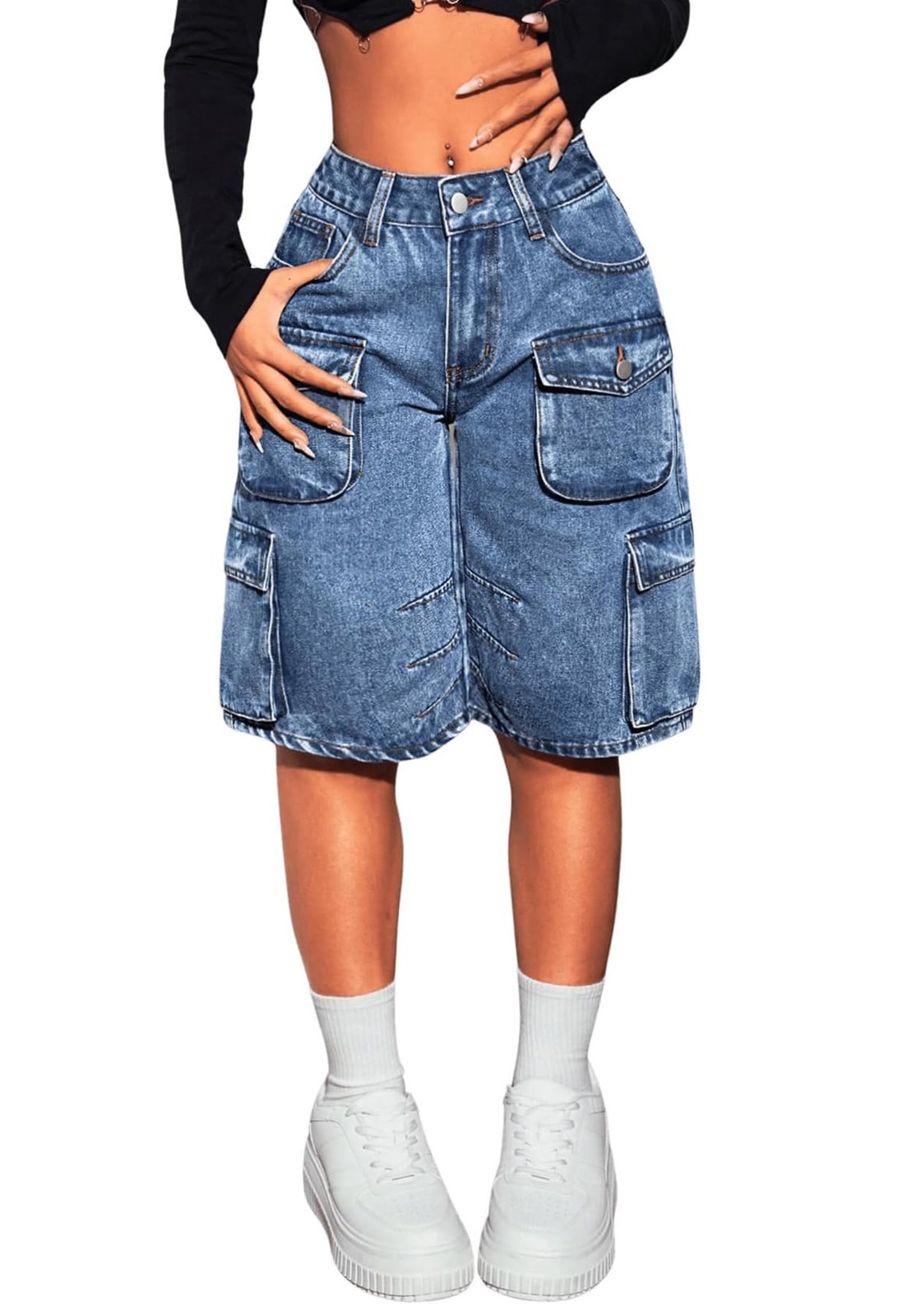Womens Denim Shorts High Waisted Casual Summer Baggy Y2k Cargo Large, Blue