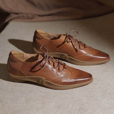 Retro Pointed Toe British Real Leather Women's Lace Up Spring Autumn Flats Shoes