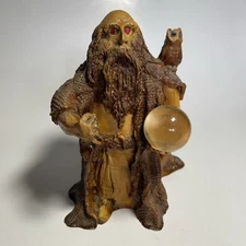 Wood Carved Wizard Sorcerer Original Figurine 6” Crystal Ball Vintage Gem Eyes