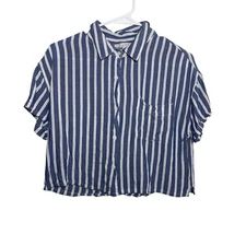 Love Tree Blouse Women's Large Blue Striped Button Up Collared Shirt Boxy