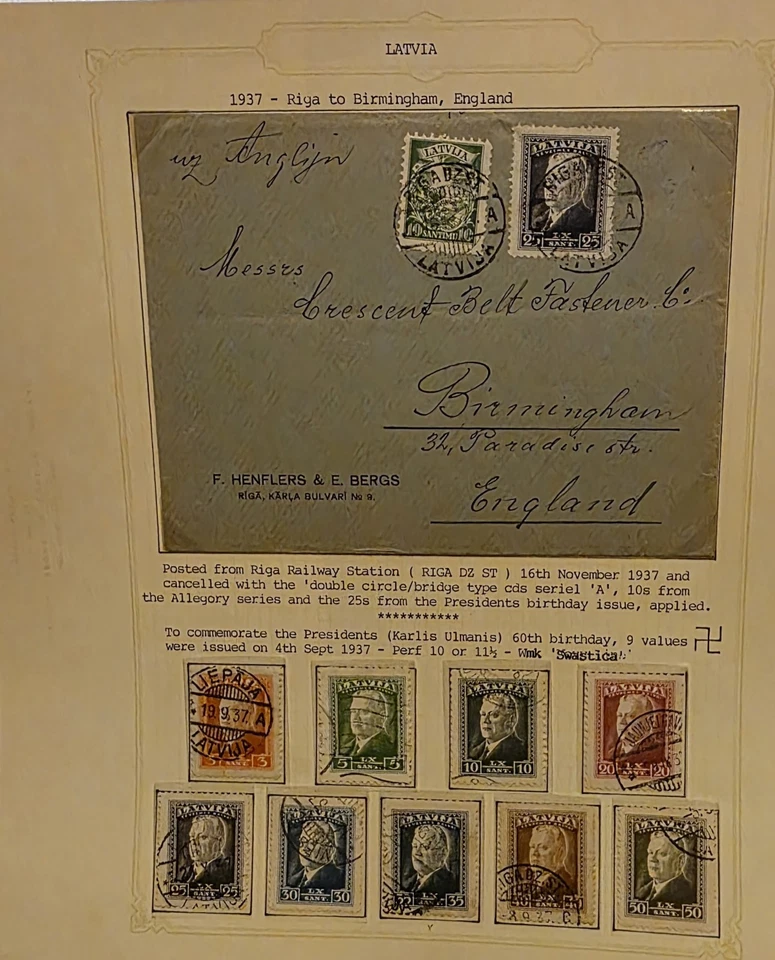 Colección de estampillas y historia postal de Letonia 1918-1940 - cubiertas de marcas de agua de esvástica Foto 3 de 4