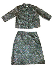Vintage 60s Blue Green Floral Print 2 Piece Tricel Skirt Set-Size L/XL