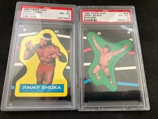 2 1985 TOPPS WWF STICKERS #7 & #15 JIMMY SUPERFLY SNUKA HOF PSA 8 NM-MINT