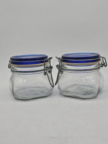 2 Fidenzo Fido Hinge Lid Bail & Wire Canning Jar Blue Lid 1/2L Made in Italy