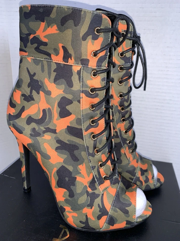Liliana Stiletto Boots Open Toe Lace Up High Heel Booties Camo Sz 6.5 NEW (S584) - Image 3 of 4