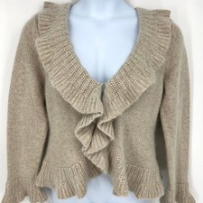 Sarah Spencer Petite Angora Blend Ruffle Front Oatmeal Cardigan Sweater Size PXL