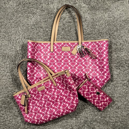 Coach Peyton Park Dream C Large Tote 3 piece Pink with Light Beige Trim F25673 - Picture 1 of 8