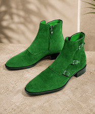 Men's Green Suede Triple Monk Strap Ankle Boots Handmade Leather Dress Boots