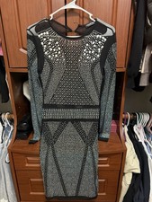 Fashion Nova S Black Rhinestone Mesh Bodycon Knee Length Dress Long Sleeve
