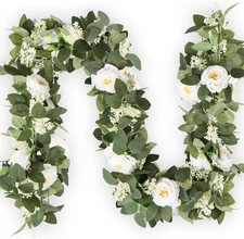 2Pack White 6.6 Ft Eucalyptus Garland with Lovely Faux Rose Flowers, Artificial 